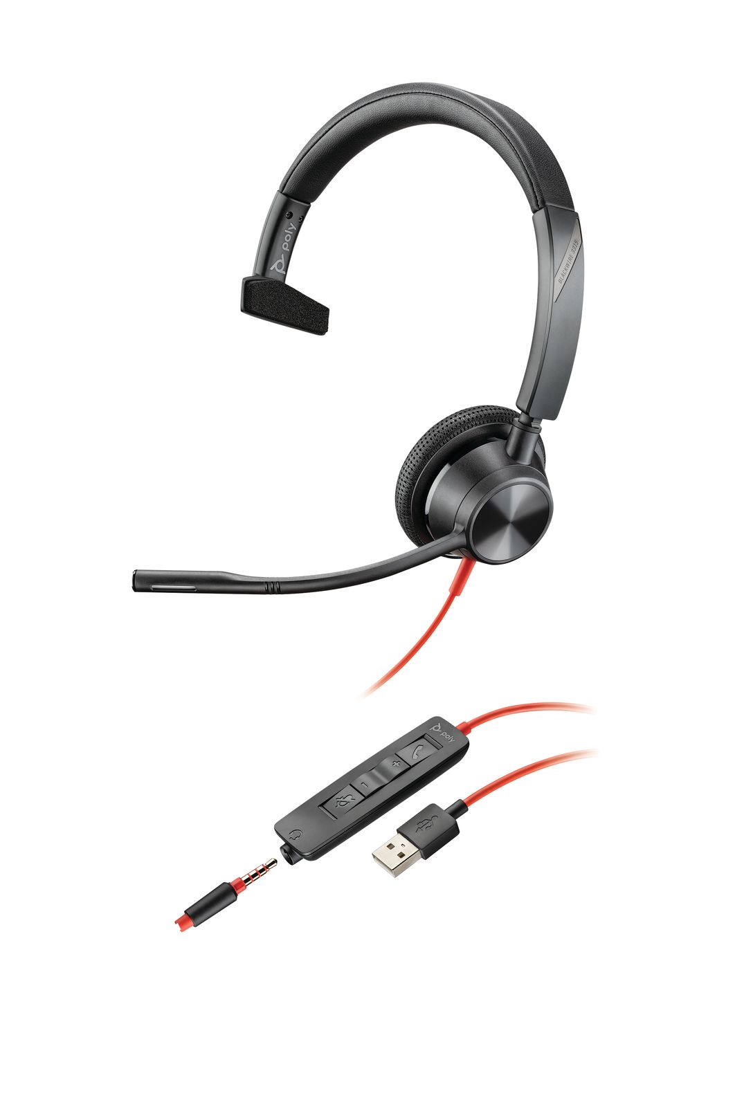 HP Poly Blackwire 3315 UC , Mono , Corded Headset , 3.5MM & Usb-a