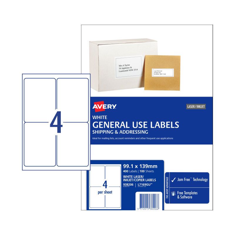 AV Gen Lbl L7169GU 4UP PK100, image 1 of 3