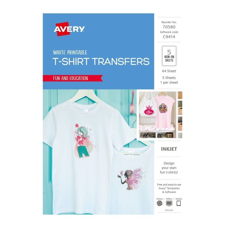 Avery T-shirt Transfer Wht PK5