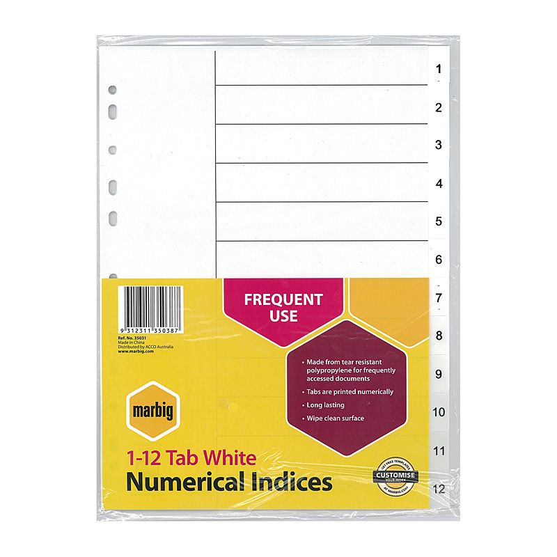 Mbg Indices Wht PP A4 1-12TAB